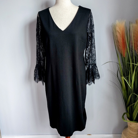 Talbots, New, Black Lace Flounce Sleeve Ponte Knit A-Line Shift Dress, Size 6 - Picture 4 of 12